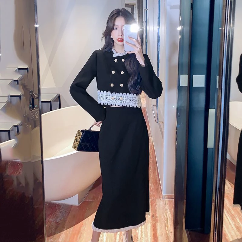 

French Graceful Lace Patchwork Matching Sets Spring Autumn Women Slim Short Jacket Skirt Two Piece Suits 2023 Tops Skirt Outfits