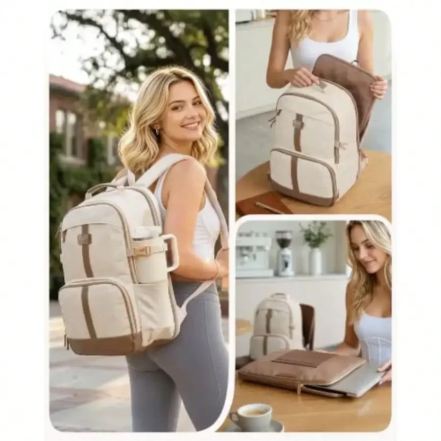 HER Laptop Backpack For Women College School, Work Office Commute Laptop Sleeve With Stand 15 Inch, Teacher Nurse Bookbag, Detachable Computer Bag, Water Resistant, Fits 40 Oz Tumbler, Beige
