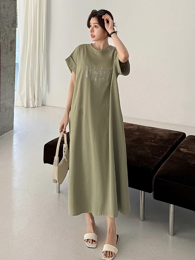 NYFS فستان صيفي 2025 كوريا نمط المرأة فضفاضة حجم كبير كم قصير إلكتروني طباعة فستان طويل رداء Elbise