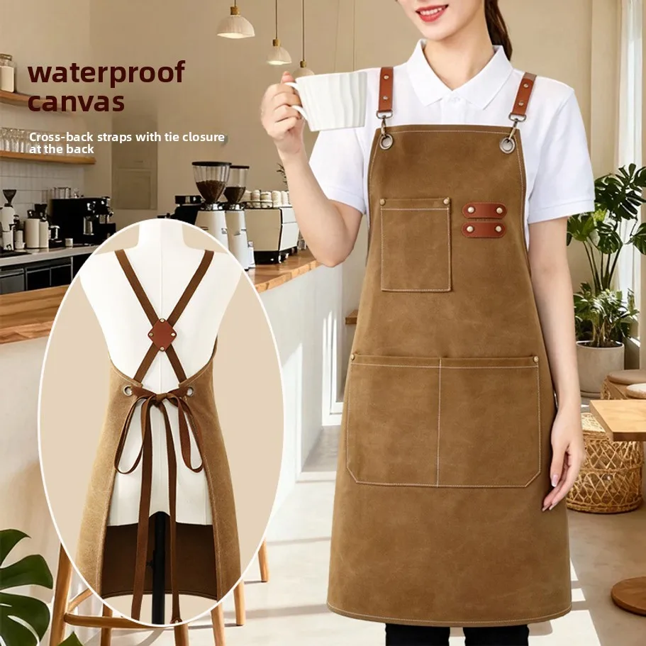 Thick Waterproof Canvas Apron Kitchen Gardening Work Apron Durable Cotton Apron for Cooking Cleaning