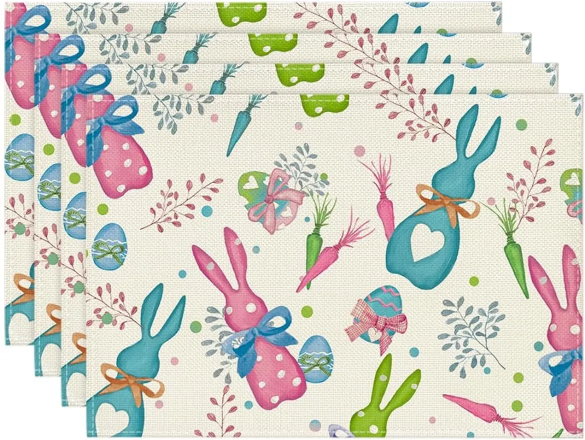 

Pink Blue Bunny Rabbit Eucalyptus Egg Easter Placemats Set of 4 12x18 Inch Seasonal Spring Table Mats for Party Kitchen Dining