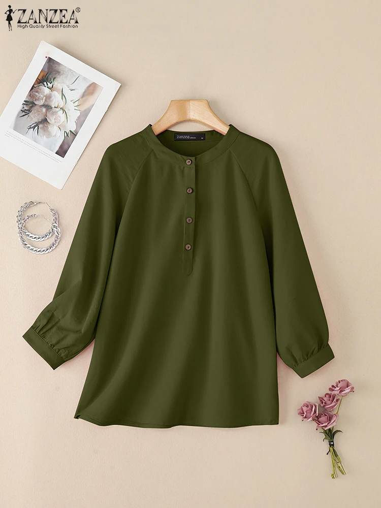 ZANZEA Women Casual 3/4 Sleeve Blouses 2025 Autumn Half Buttons Round Neck Blusas Mujer Everyday Wear Solid Color Tops