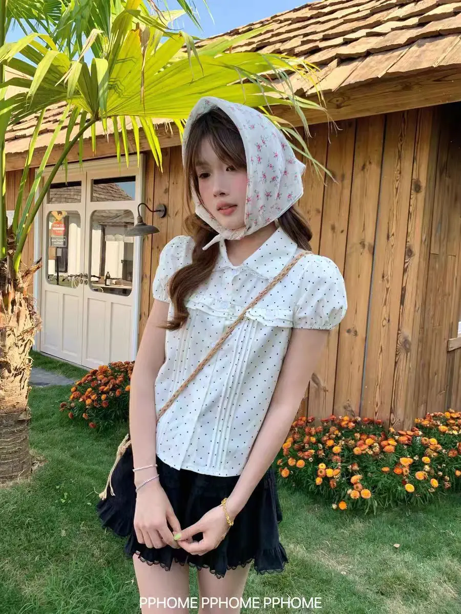 Kimotimo Japanese Sweet Floral Short Sleeve Shirt Women 2026 Summer Peter Pan Collar Spliced Ruffle Button Blouse Vintage Tops