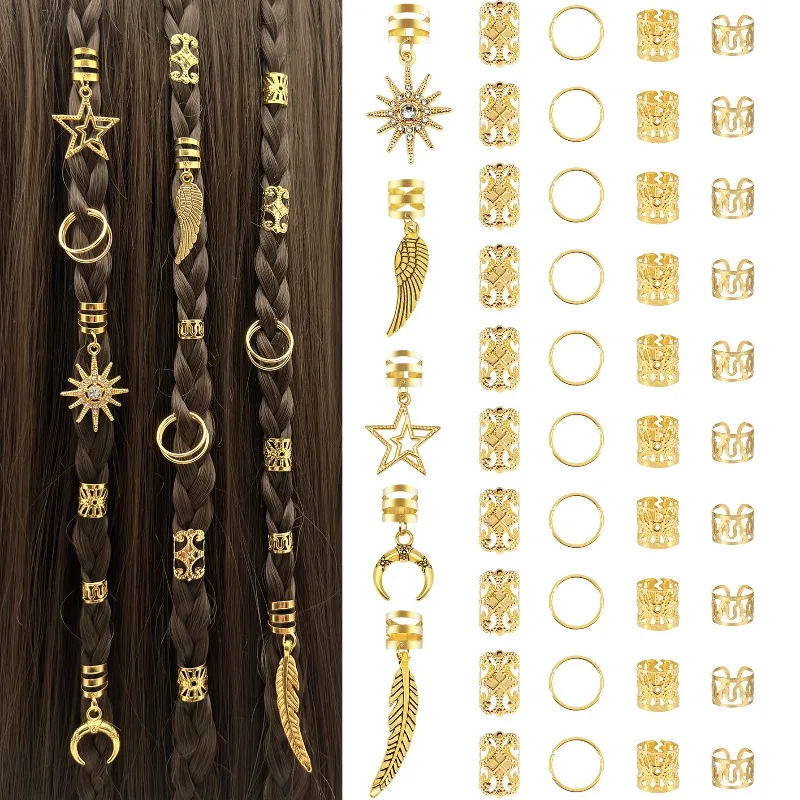 

45Pcs Metal Dreadlock Rings Assorted Styles Sun Star Feather Non Slip Easy Install Trendy Hair Accessories for Braids Women