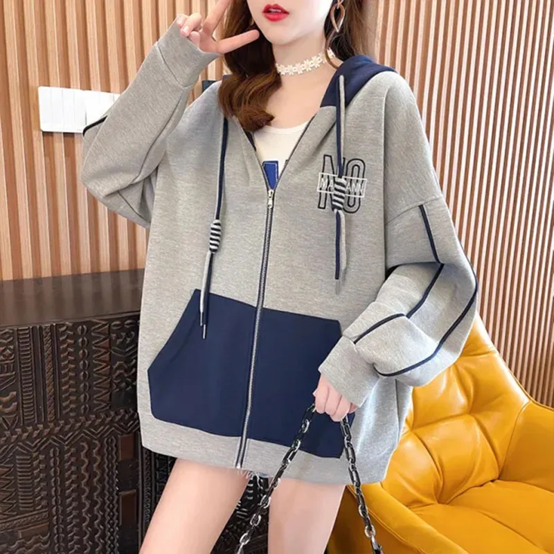 Koreanische Frauen Sweatshirt Patchwork Kapuze Reiß verschluss Brief Langarm Mantel Mode lässig lose Harajuku Jacke weibliche Tops