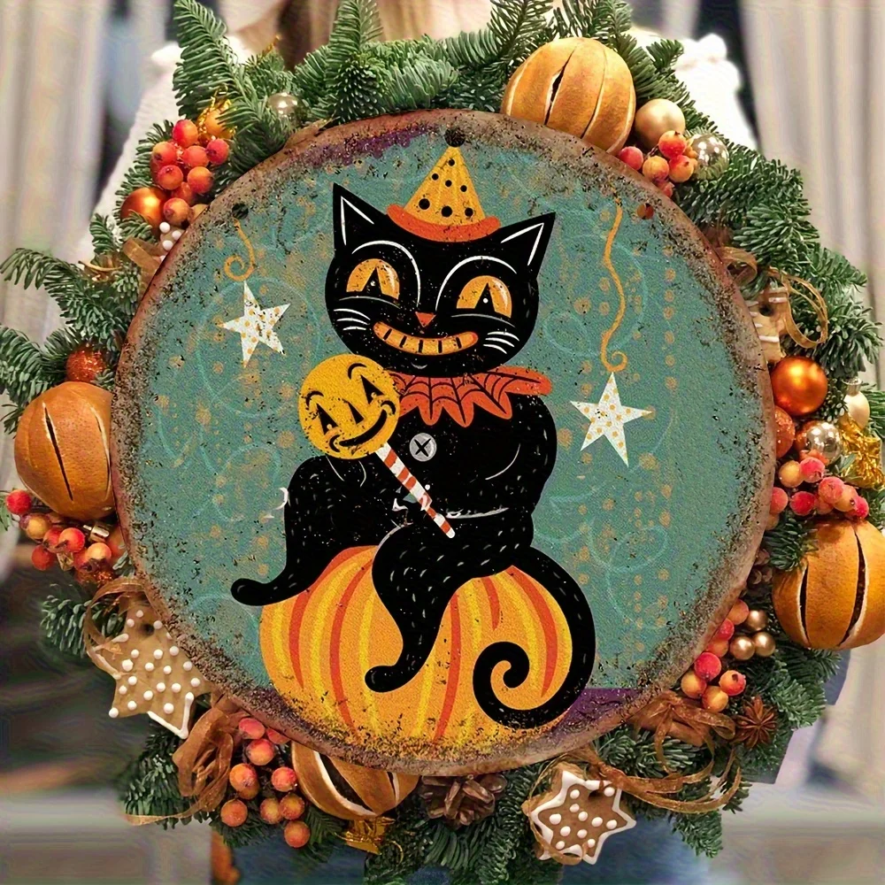 2D Flat, Seasonal Glitter, Vintage Halloween Cat and Pumpkin Wooden Hanging Sign- 8inchx8inch| Perfect for home, kitchen, garden