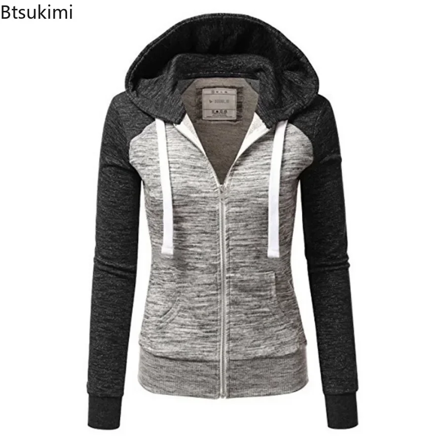 2025 Women\'s Long Sleeve Hoodies Fashion Splice Design Hooded Drawstring Sport Zip-up Coats Women Casual Color Block Sweatshirts