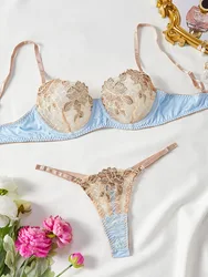 Set di reggiseno Sexy per le donne ricamo floreale di lusso Lingerie maglia pizzo regolato intimo perizoma sensuale vedere attraverso set esotici