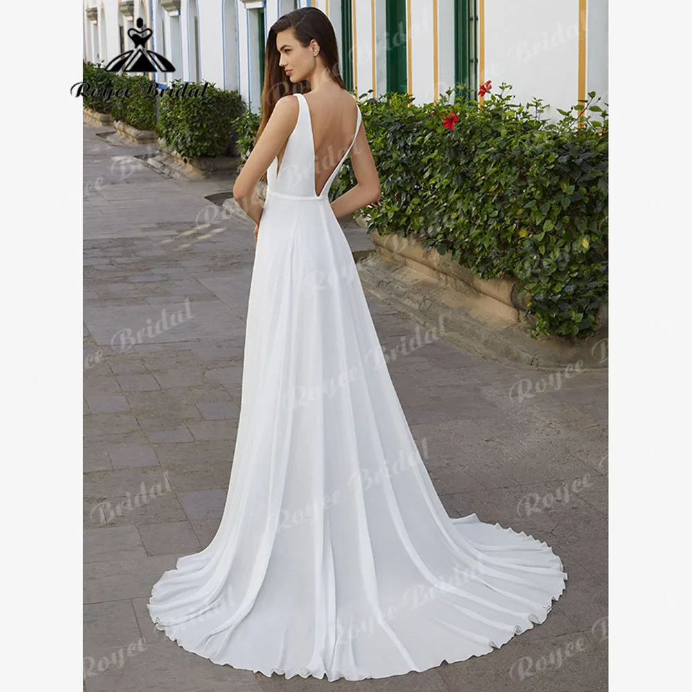 Flowy Plunging Soft Satin Chiffon Deep V Neck Wedding Dress for Women 2024 Split Side Backless Boho Bridal Gown abito da sposa