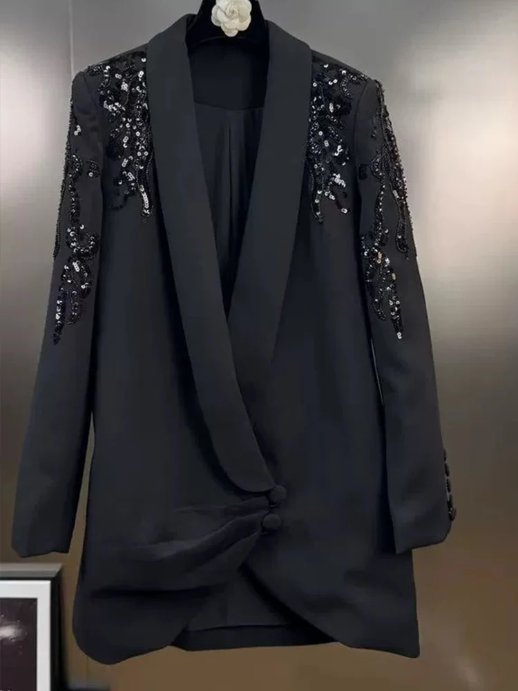 High-end autumn new fashion suit skirt collar heavy industry beaded sequined embroidery lapel long sleeve slim long women's coat - Image 5