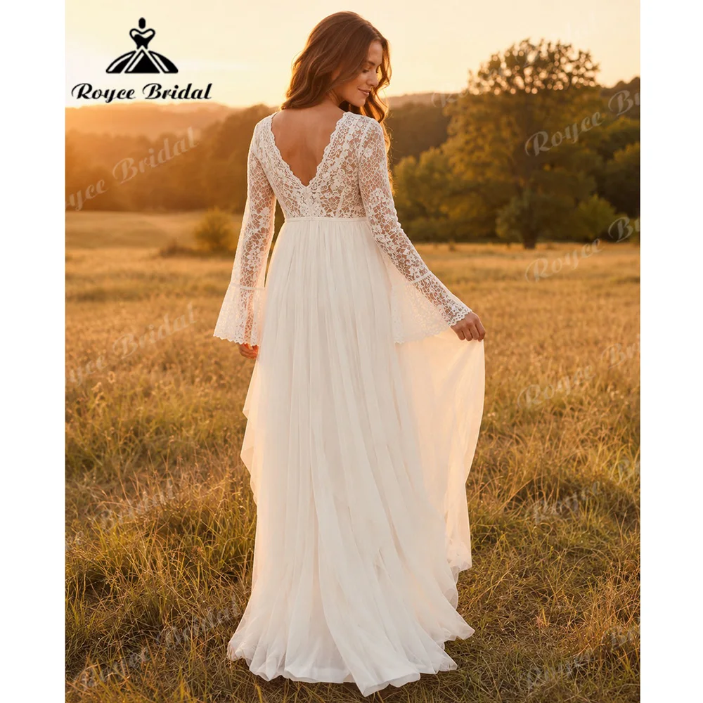 Deep V Neck Maternity Wedding Dress Long Flare Lace Sleeve Back V‑Neck Multi‑Layer Chiffon Pregnant Bridal Gown Customized