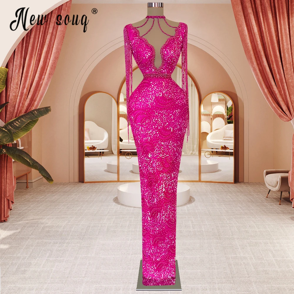 

Luxury Hot Pink Tassel Sleeve Mermaid Evening Dress Arabic Pearls Sequin Long Formal Occasion Dresses Women Wedding Party Gowns