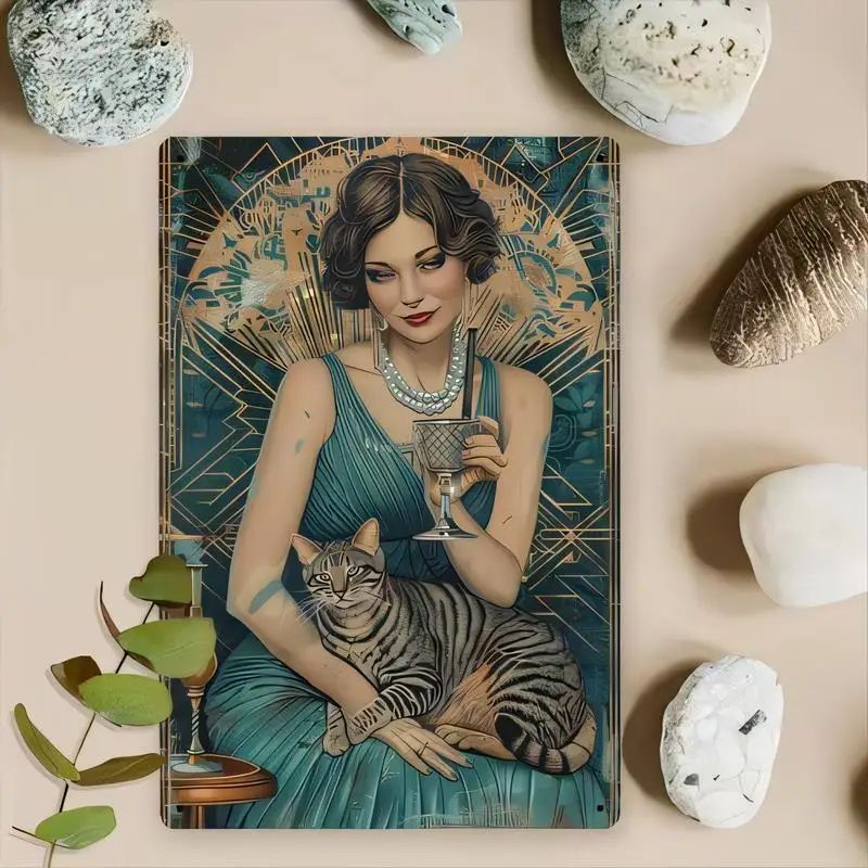 2D Flat Art Deco Vintage Metal Tin Sign - Teal Flapper Lady & Tabby Cat, Retro Geometric Design, Iron Wall Art for Home/Bar Deco