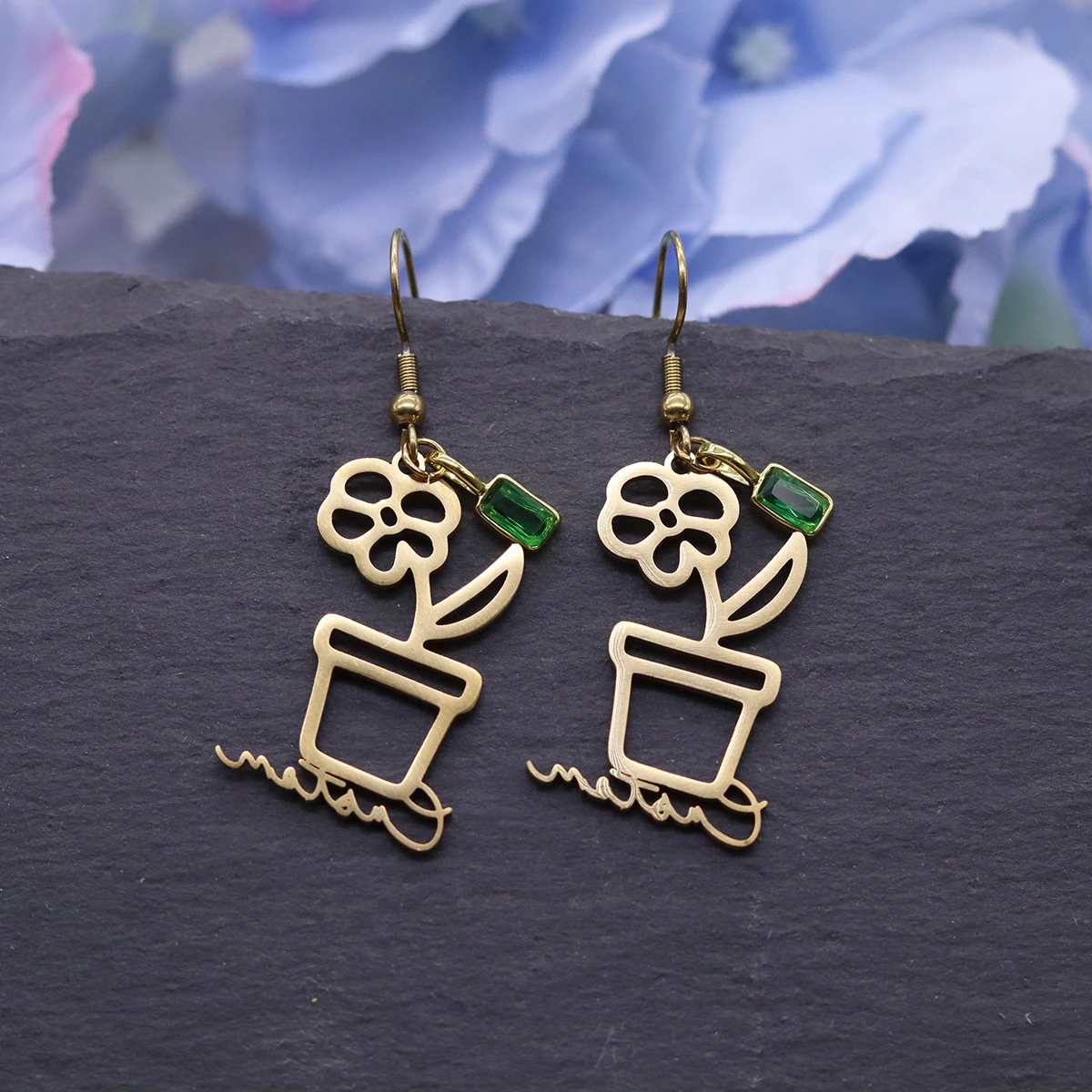 Custom Flower Pot Name Earrings for Women Personalized Stainless Steel Anti Allergy Ear Hook with Zircon Perfect Birthday Gift