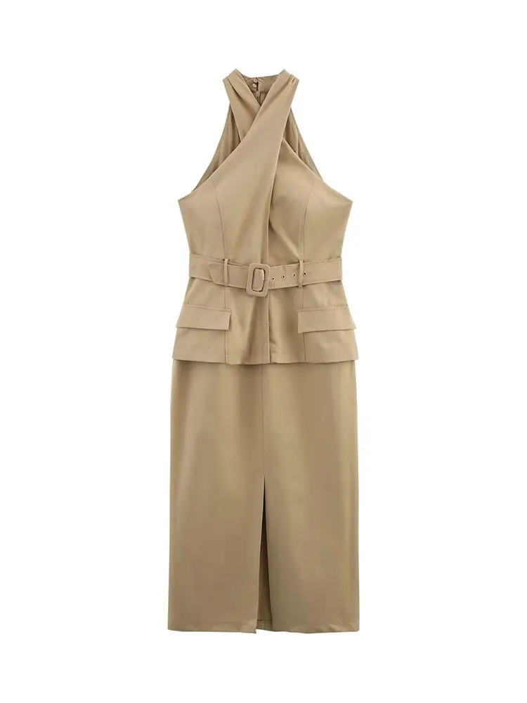 

HH Summer Women's Street Clothing Fashion Khaki Belt Cross Design Midi Dress Women's Slim-fit Office Skirt Commuter Outfit