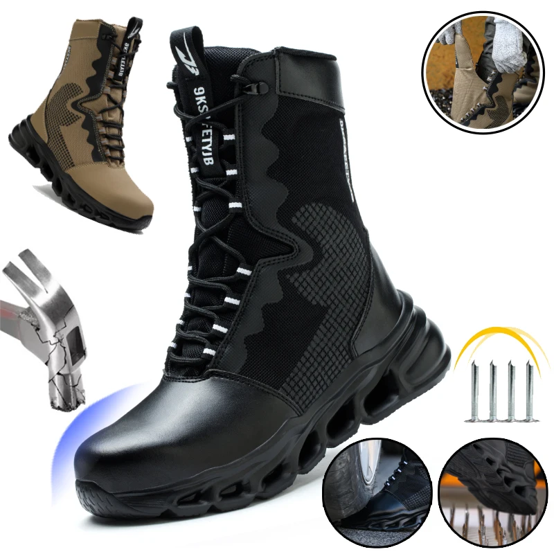 Unbreakable high top protective boots protect the feet and prevent smashing. Steel toe lining breathable safety boots