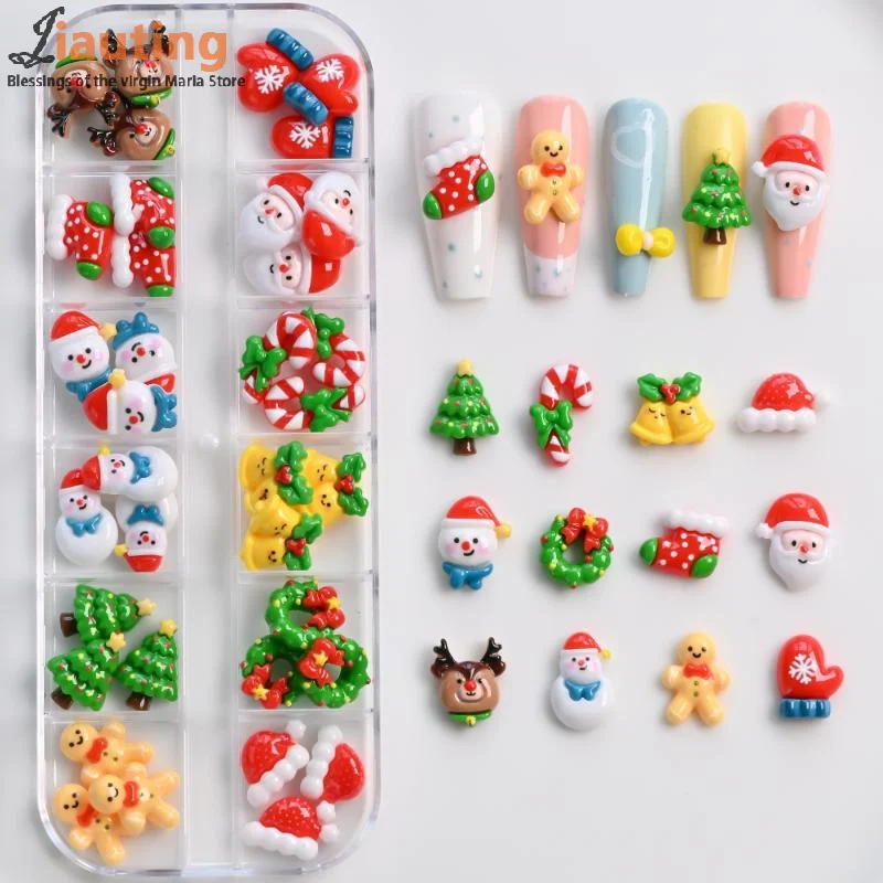 12 Griglia 36/60 Pz Kawaii Mini Pupazzo di Neve Albero di Natale Pendenti e Ciondoli per unghie 3D Renna Babbo Natale Strass per unghie Resina Gemme per unghie di Natale