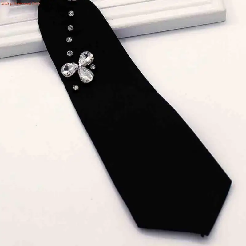 F92D Punk Fashion Tie Black Neck Band مع أحجار الراين المزينة طالب مدرسة موحدة مسبقًا مرتبطة بالرقبة القابلة للتعديل