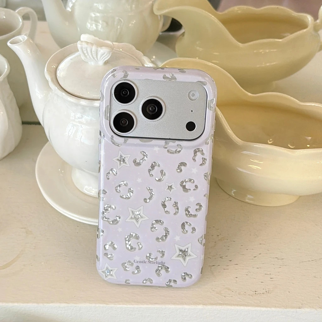 Korean Style Stars Leopard Print Glossy With Pendant Lanyard Shockproof Protective Phone Cover Case for iPhone 17 16 15 Pro Max view 6