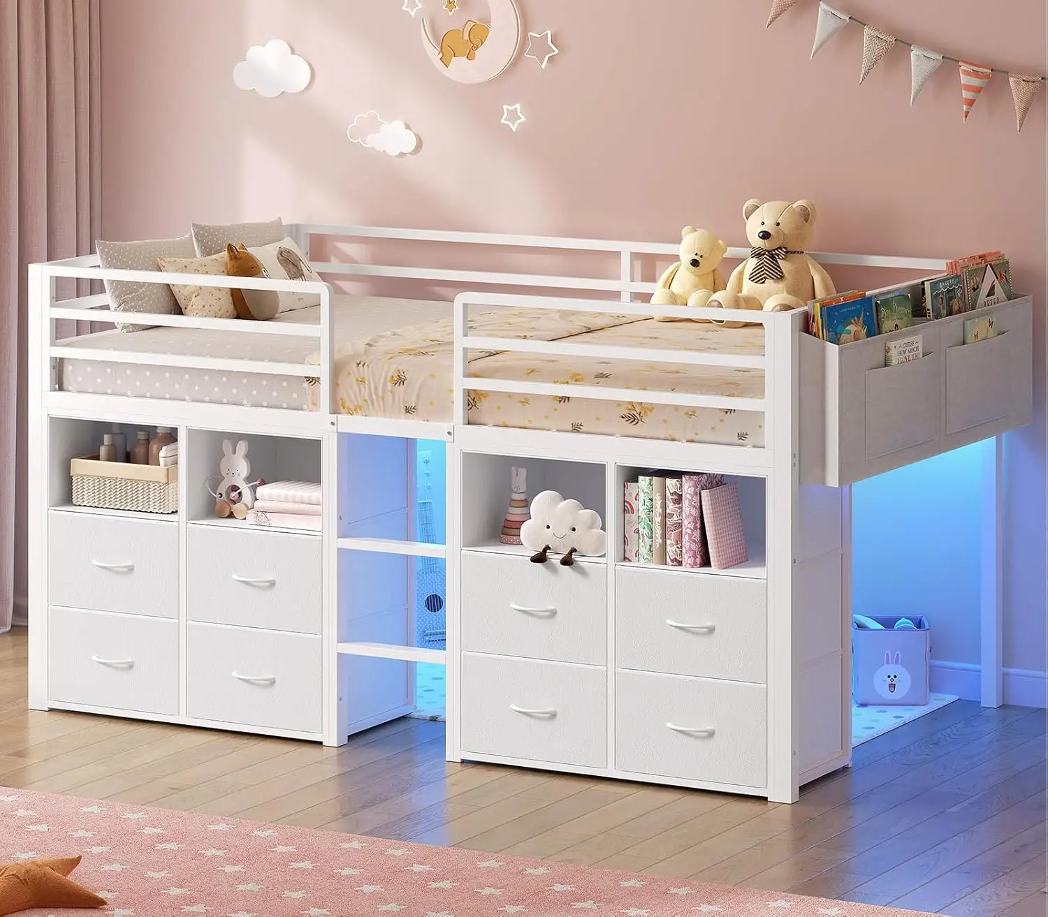 Low Loft Bed Twin Size with 8 Storage Drawers for Kids, White | Storage Bookcases, LED Lights, 14
