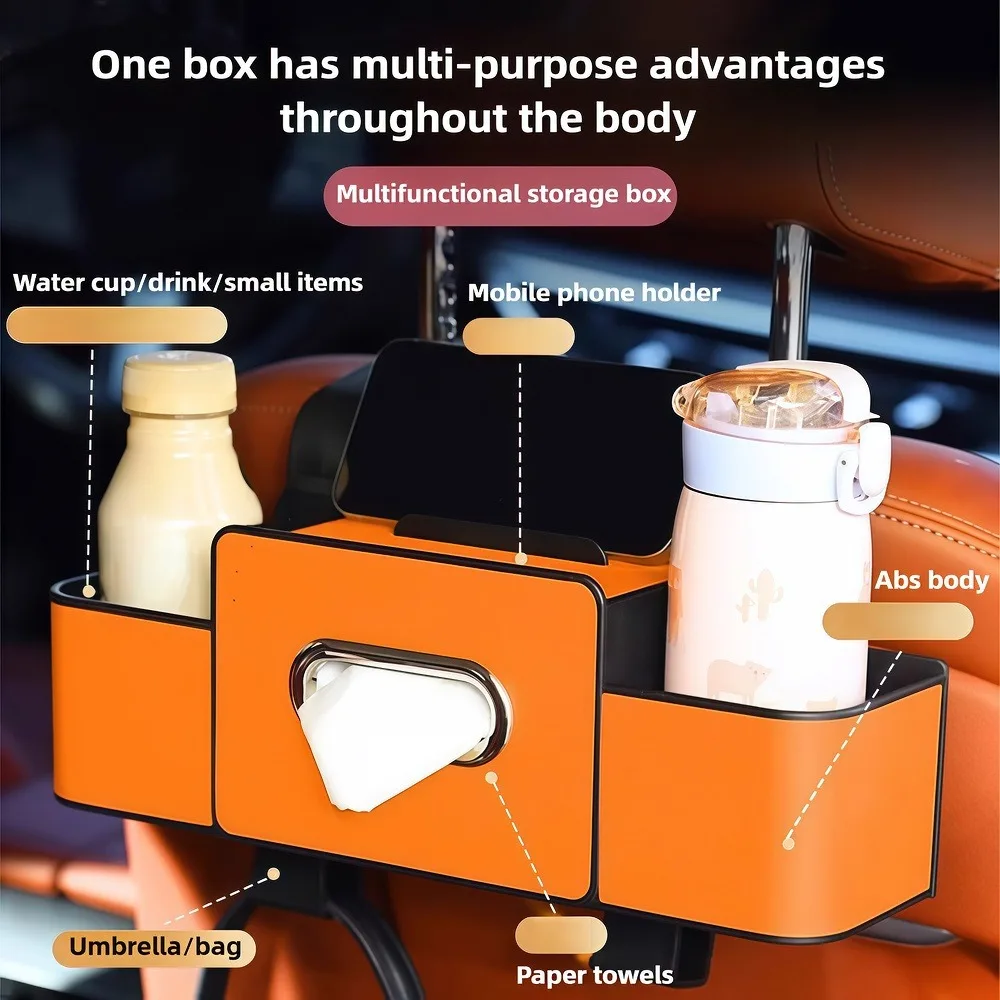 

Universal Car Seat Back Organizer with Tissue Box Dispenser, Cup Holders & Hooks - Waterproof PU Leather, Back Seat Storage