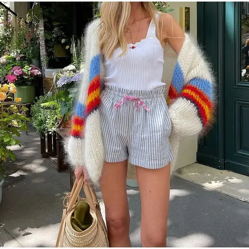 

2024 New Autumn Women Mohair Stripe Cardigan Fashion Contrast Open Stitch Long Sleeve Sweater High Street Female Street Knitwear