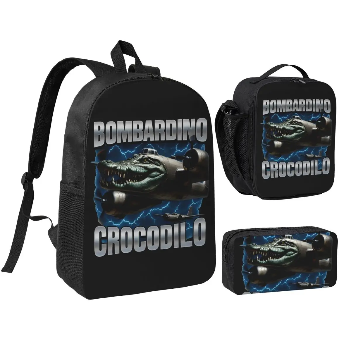 

3pecs/set Bombardino Crocodilo Meme Backpack for Student Italian Brainrot Daypack Lunch bag Pencil Case