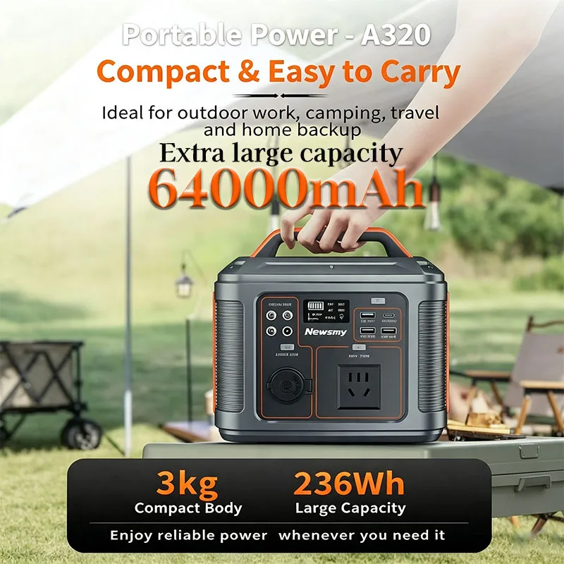 300W Portable Power Station 64Ah 236Wh Outdoor Emergency Solar Generator 220V AC Socket Type-C PD 100W Fast Charging LED Light