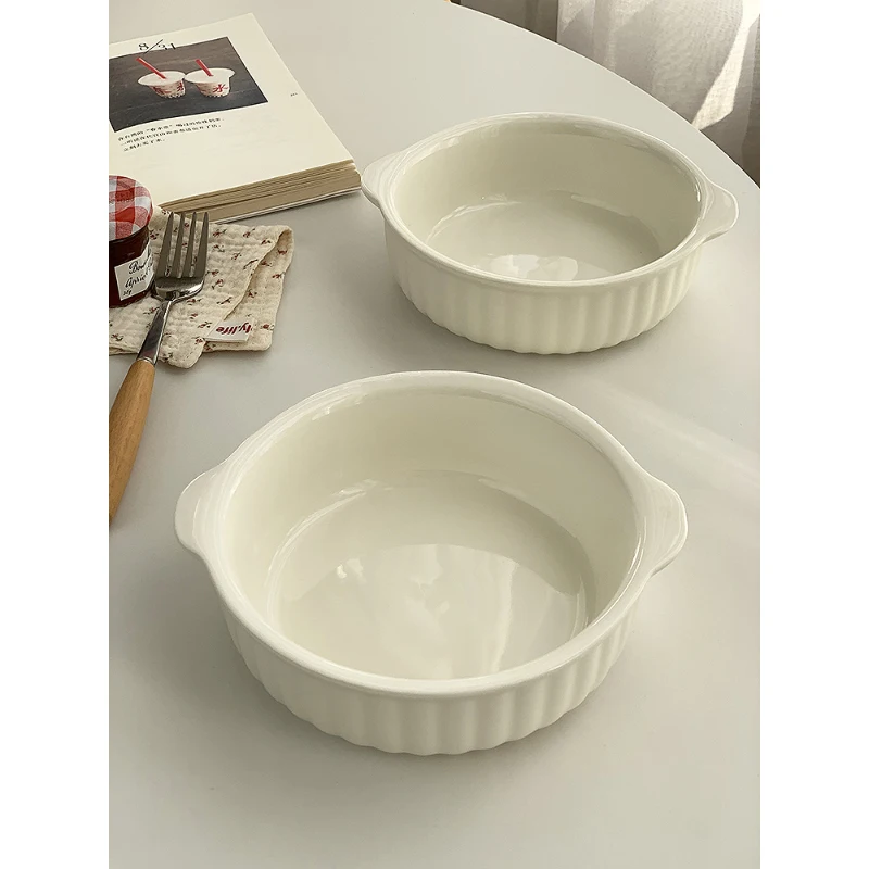 Household Ceramic Bowl Japanese Style Ins Simple Round Double Eared Tableware Dessert Fruit Salad Soup Bowls Kitchen Supplies