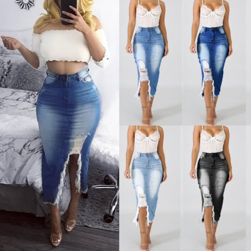 

Denim Skirt Women Jeans High Waist Ripped Split Denim Distressed Skirts Bodycon Long Streetwear Summer Split Club Bodycon Skirt