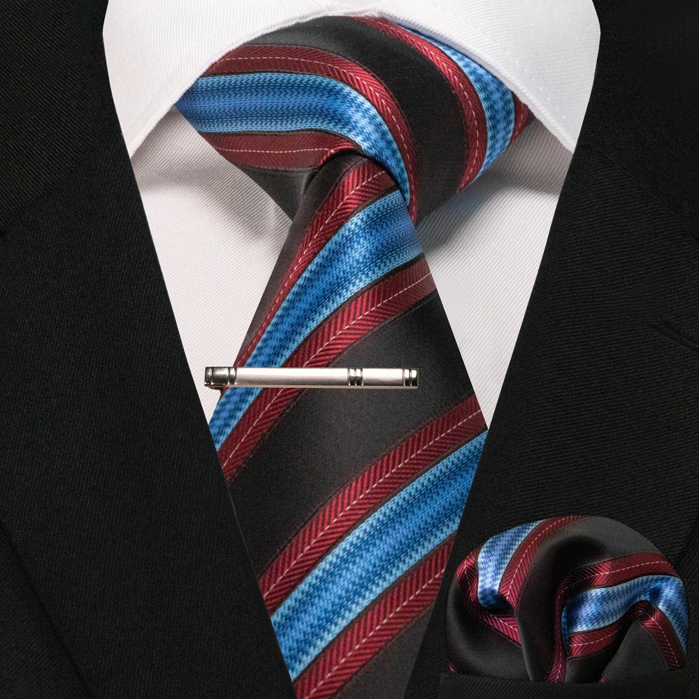 JEMYGINS Business-Krawatte für Herren, Seidenkrawatte in Marineblau, gestreifte Paisley-Krawatte, Einstecktuch, Krawattenklammern, Set für Hochzeit, Party, Geschenk – Detail 33