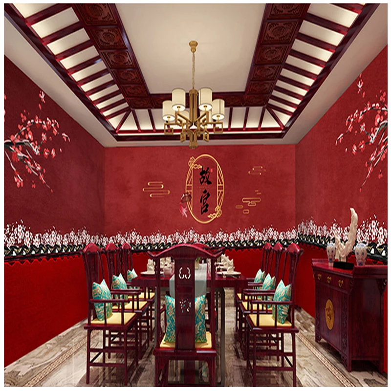 Customized 3D Antique Chinese Red Palace Museum wallpaper classic plum background wall new Chinese flower and bird bedroom mural