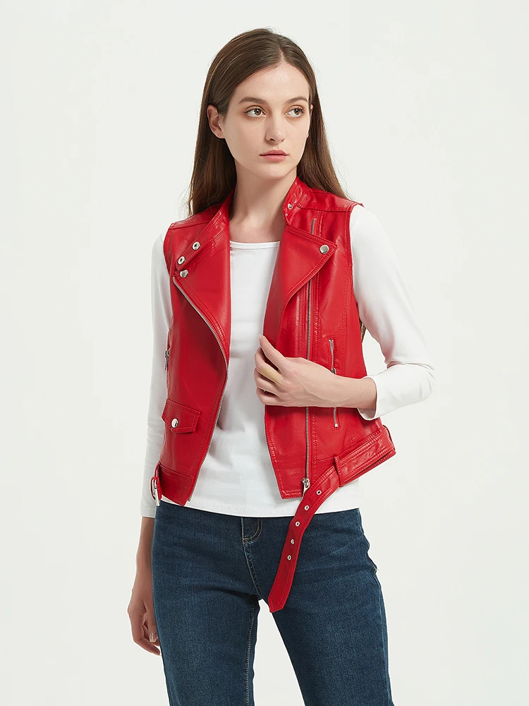 Gilet en cuir PU pour femmes, gilet de moto, solide, printemps automne, nouveau, haute qualité, sans manches, fermeture éclair, rouge, 5XL, 2022