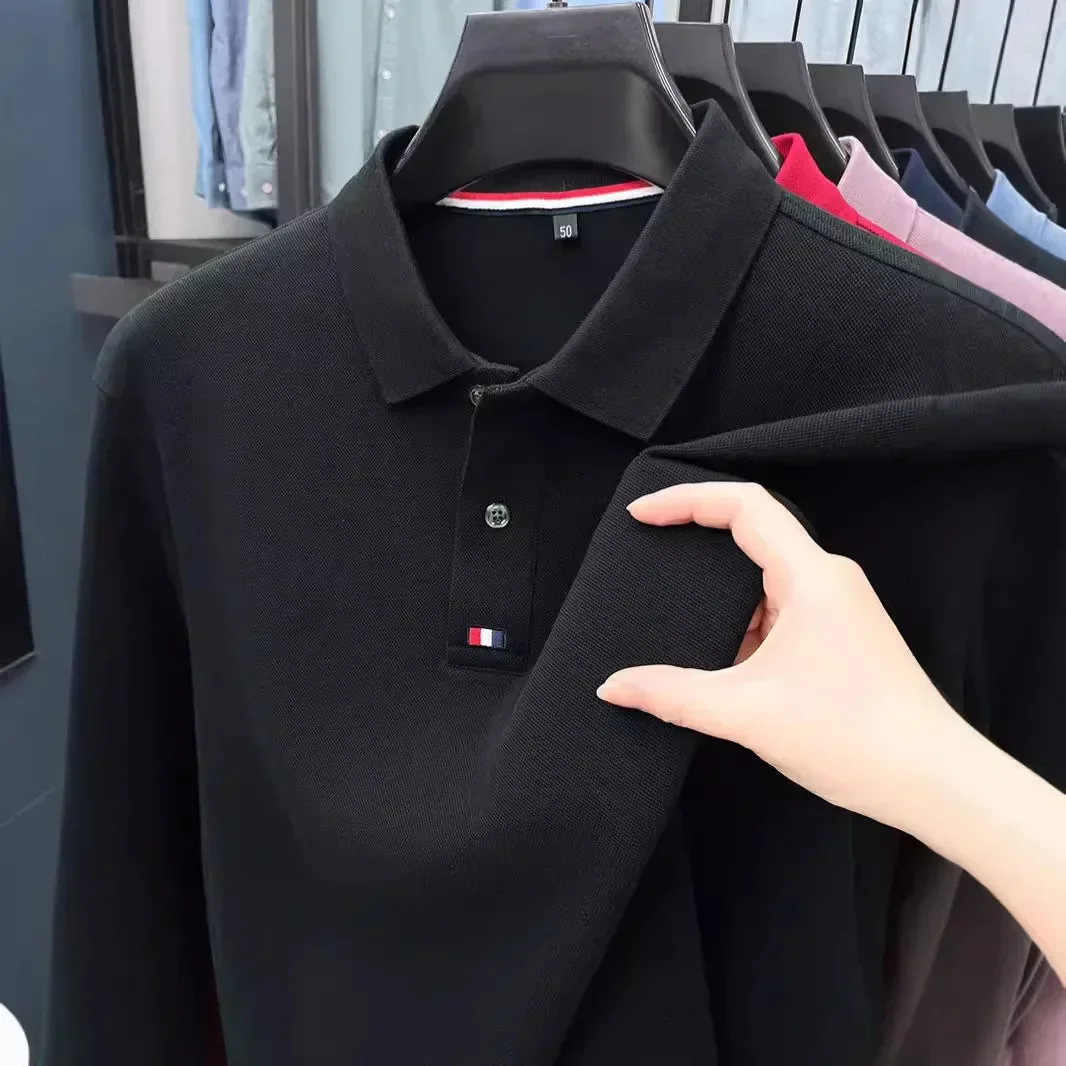 Collar T-shirt for men, long sleeved, autumn, middle-aged, business, pure cotton, casual polo shirt, top for men