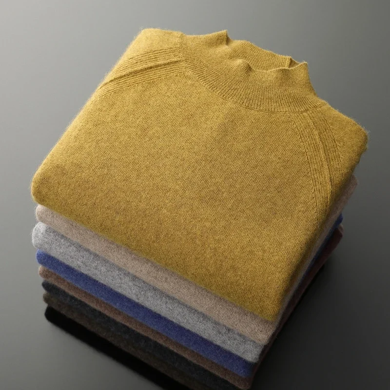 

100% Goat Cashmere Autumn Winter Sweater Men's Mock-neck Pullovers Basic Simple Pure Colour Casual Warm Knitwear Jupmer Tops