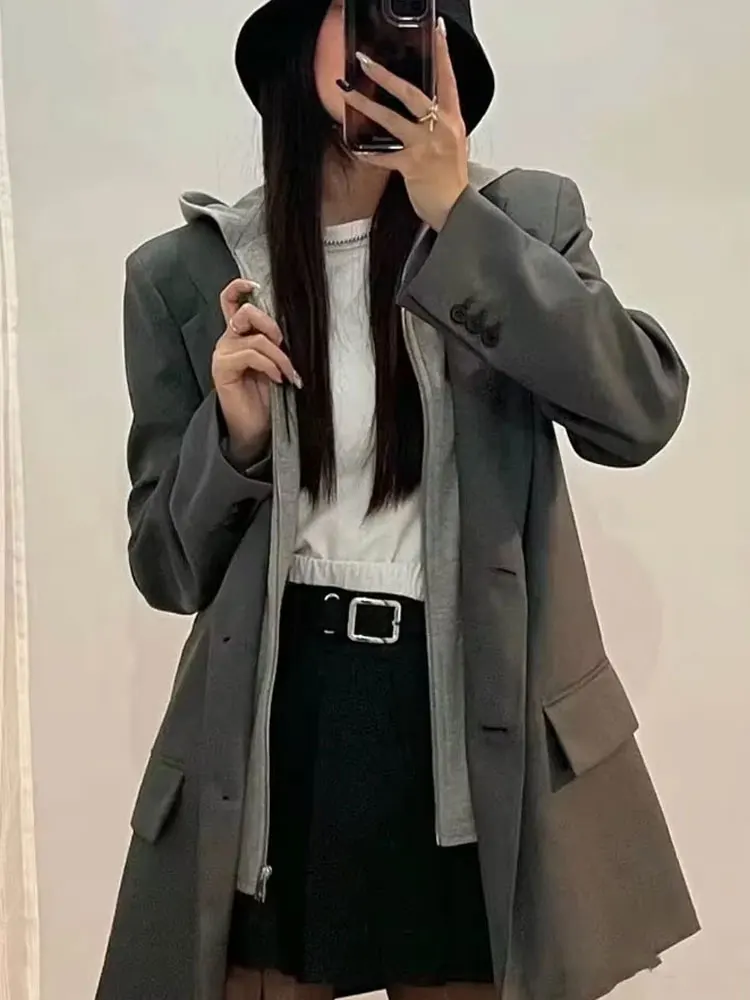 

HH 2024 Women's Casual Blazers Long Sleeve Hooded Spliced Pockets Solid Fake Two Piece Female Fashion Vintage Tops Jacket