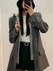 HH 2024 Women's Casual Blazers Long Sleeve Hooded Spliced Pockets Solid Fake Two Piece Female Fashion Vintage Tops Jacket