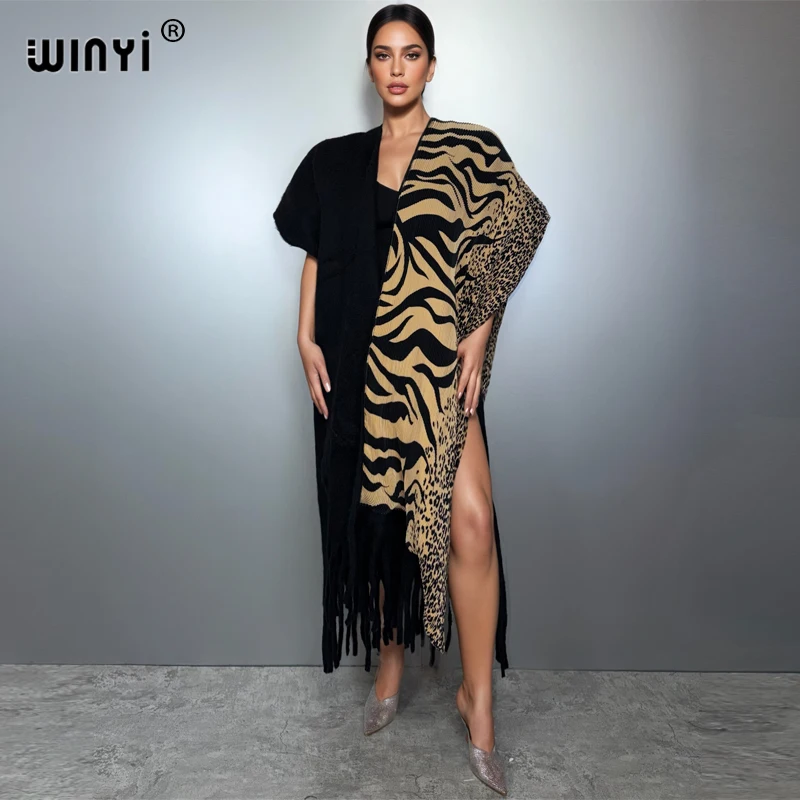 WINYI winter Irregular leopard print pleated sleeve cardigan Africa Luxury Long Fur Loose OverCoat Thick Warm long down coat
