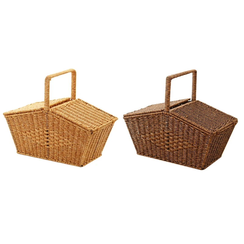 

ABBN-Pastoral Style Hand Basket With Lid Imitation Rattan Woven Picnic Basket Fruit Snacks Sundries Storage Basket