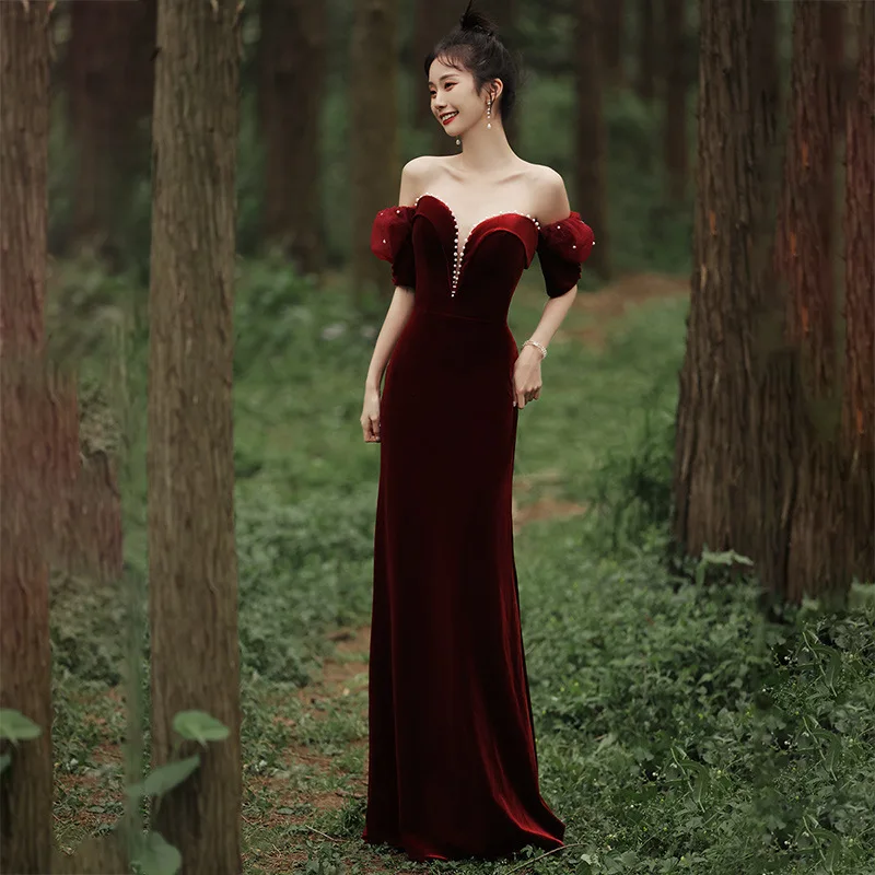 

Chinese Style Qipao Sexy Burgundy Evening Party Dress Cheongsam Elegant Robe De Soiree Velour Off Shoulder Banquet Dress