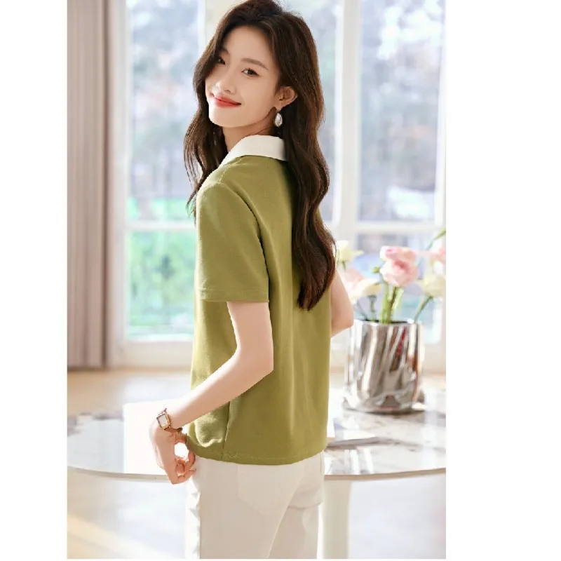 2025 verão feminino manga curta cor contrastante camiseta nova camisa polo solta e versátil