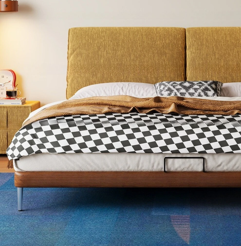 Vintage style, detachable and washable double bed, white ash wood, fabric full solid wood bed
