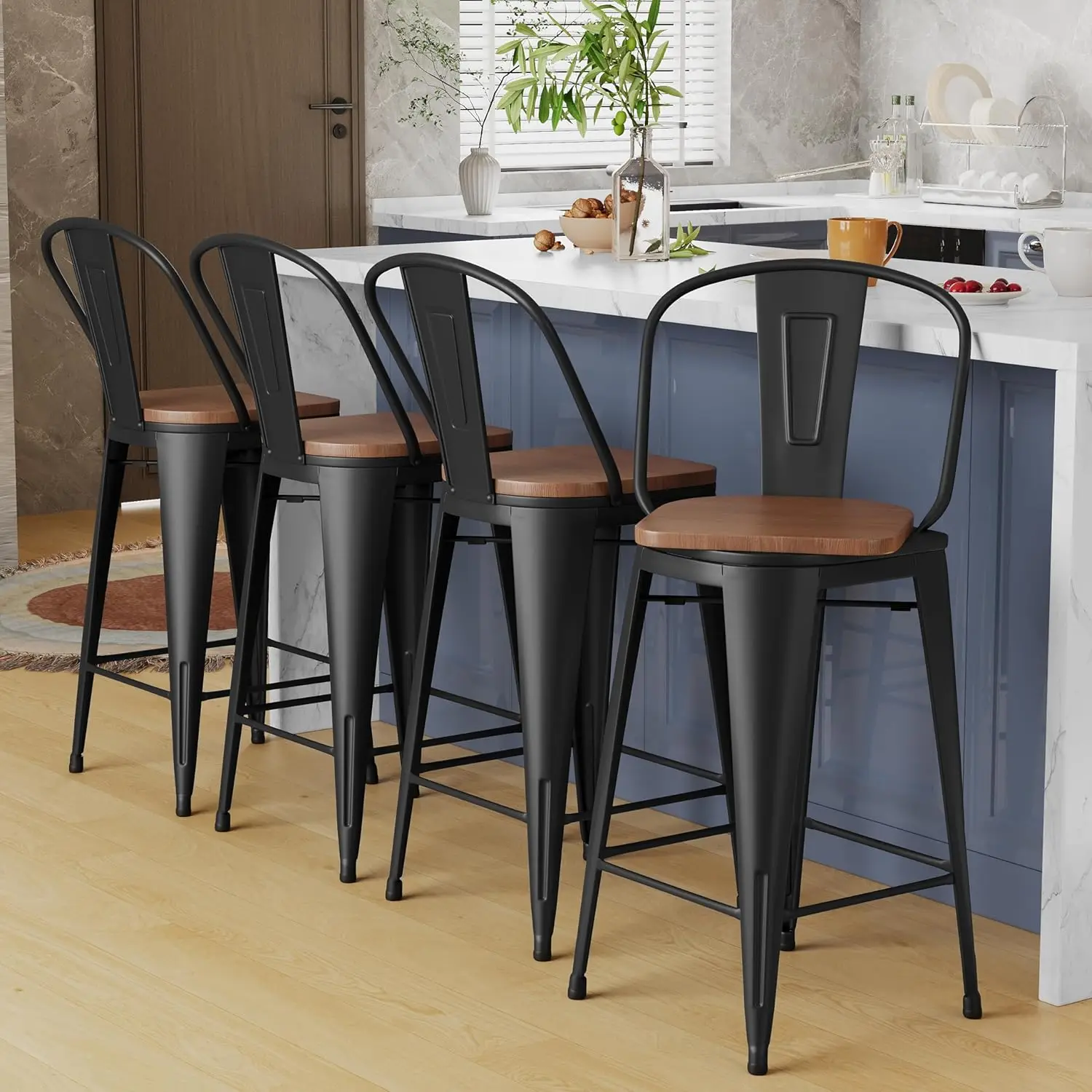 Swivel Metal Bar Stools Set of 4 High Back Counter Height Barstools Industrial Dining Bar Chairs with Large Wooden