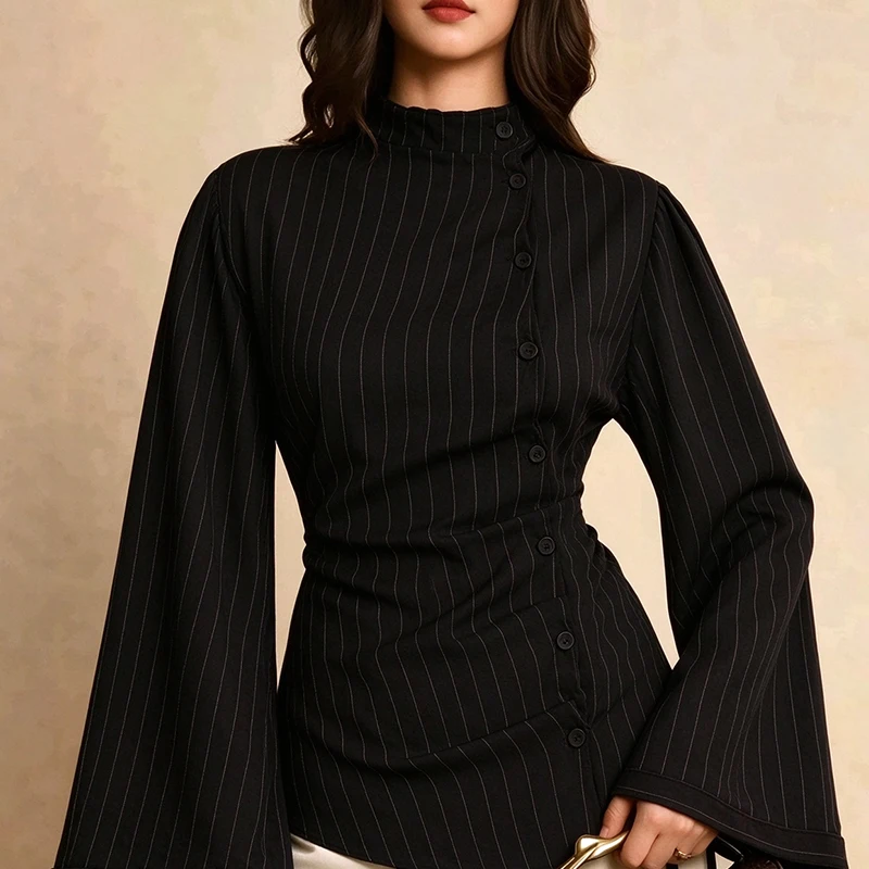 European and American new Chinese striped turtleneck blouse women's stand-up collar flared sleeve slim shirt Y2k Style