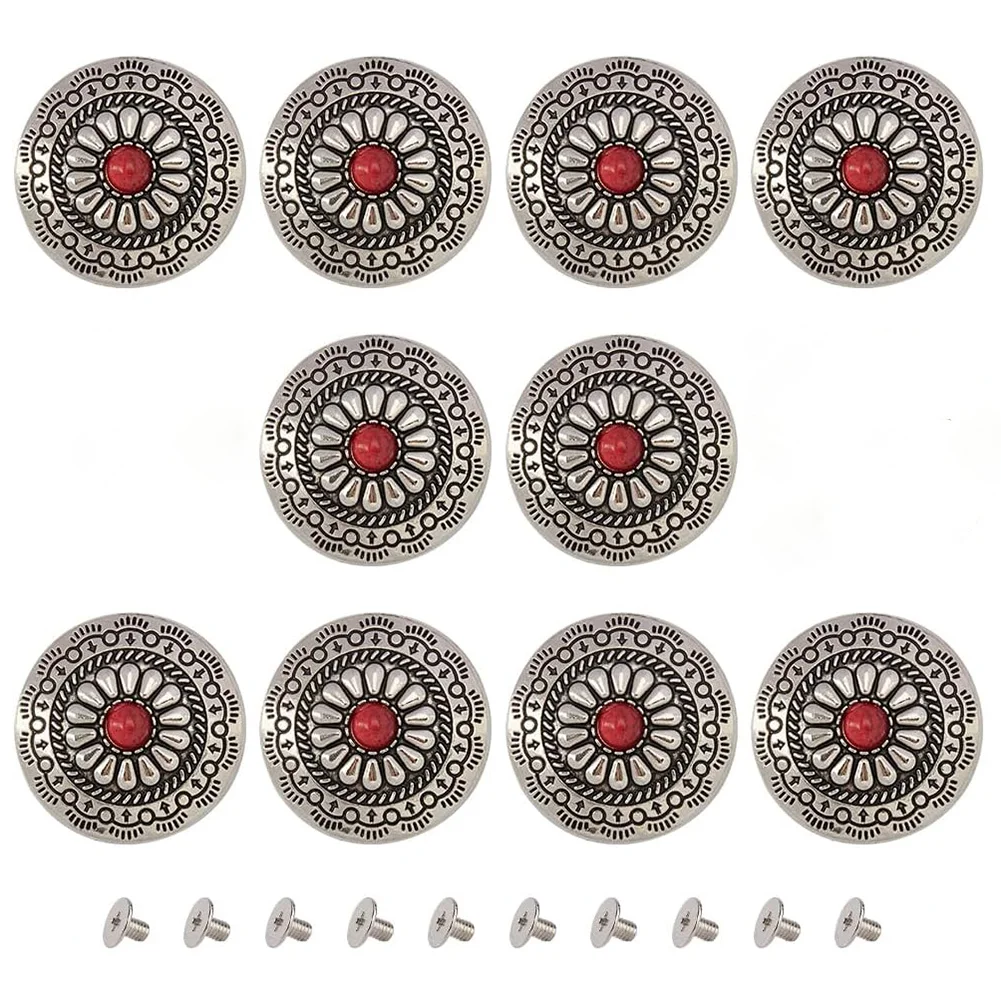 10PCS Round Shape Conchos Screw Back Buttons Red Synthetic Turquoise Metal Sunflower Decorative Rivets DIY Leather Craft Buckles