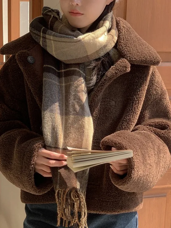 

Double-Sided Wear Lamb Fur Collar Jaet Chic Retro Inteated Leather And Fur Warm Plu Trendy Women's Cotton Coat