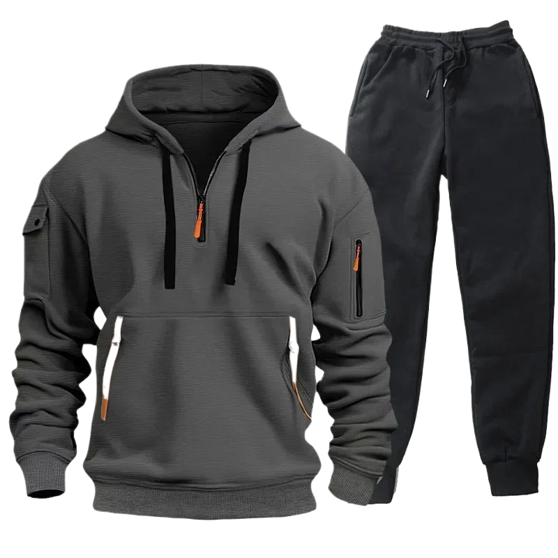 2024 Cross border Autumn/Winter Sports Hoodie Set Men's Multi Pocket Zipper Hoodie Sportswear Set Pants Light Plate