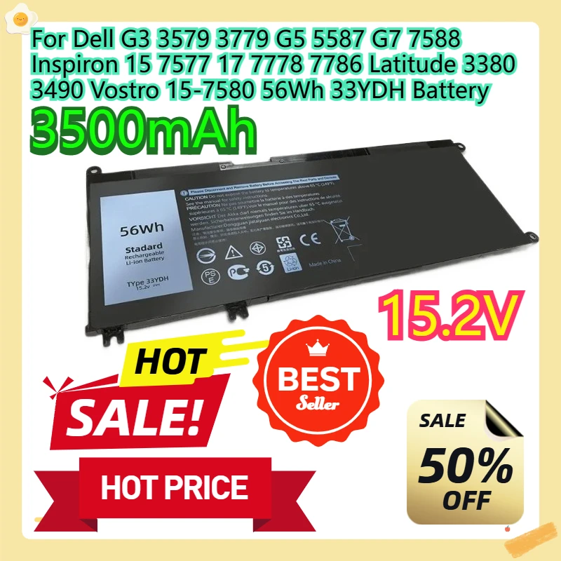 

For Dell G3 3579 3779 G5 5587 G7 7588 Inspiron 15 7577 17 7778 7786 Latitude 3380 3490 Vostro 15-7580 56Wh 33YDH Battery