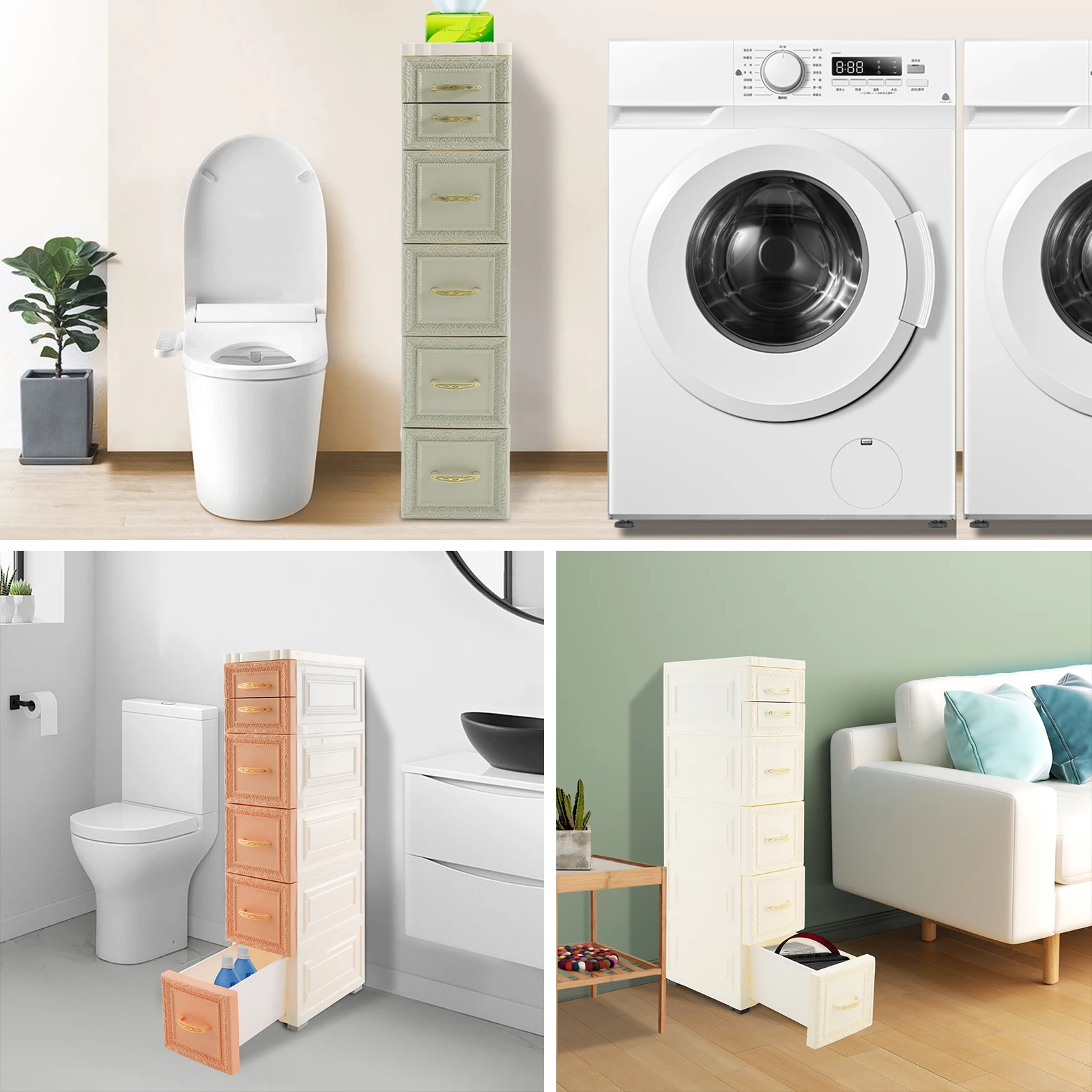 

5 Tiers Slim Storage Organizer Narrow Storage Cabinet with Movable Wheels Slim Bathroom Storage Cabinet