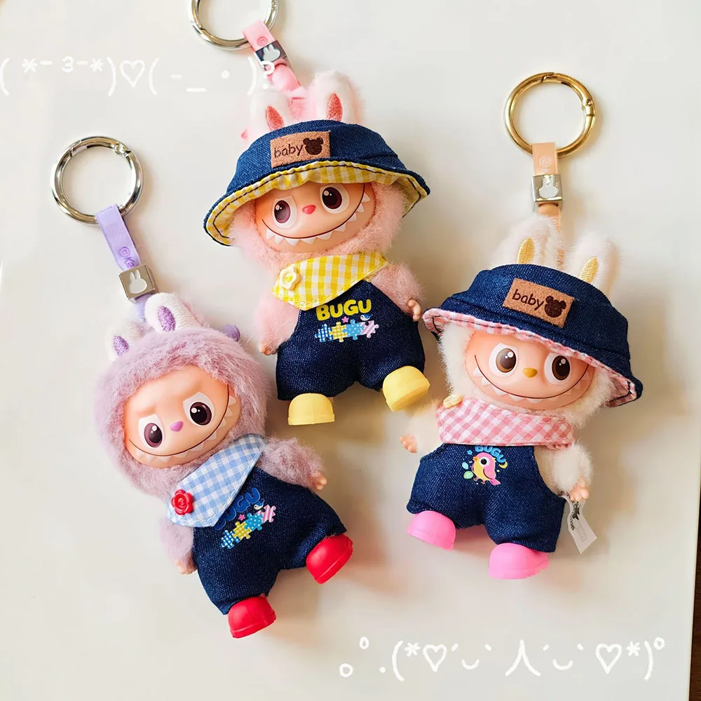 

Clothing for Mini Labubu Clothing Strap Pants Bib Hat Set For 10cm Labubu V4 Doll Clothes Outfit Accessories